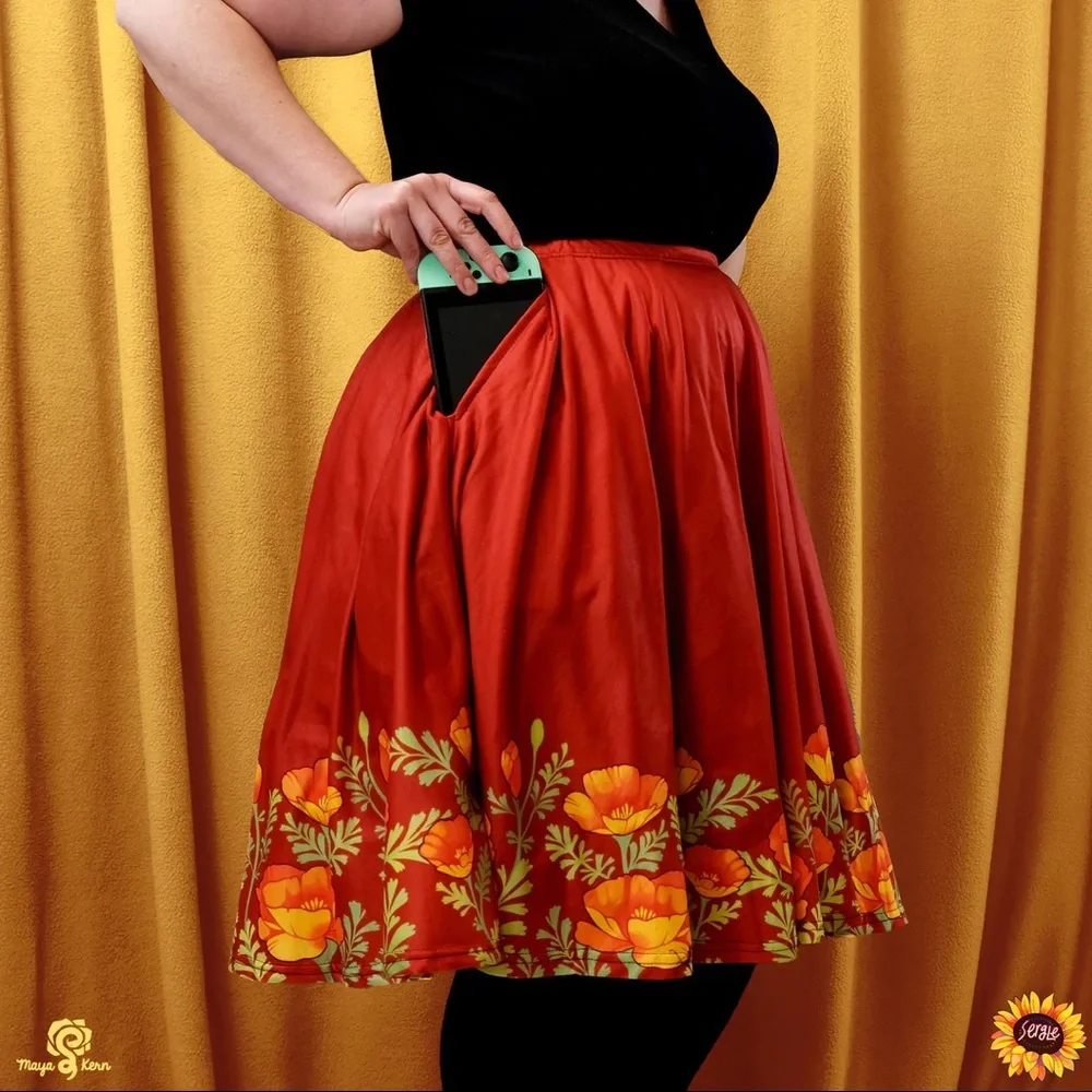 “Poppies” Print Red Circle Midi Skirt - Picture 3 of 3